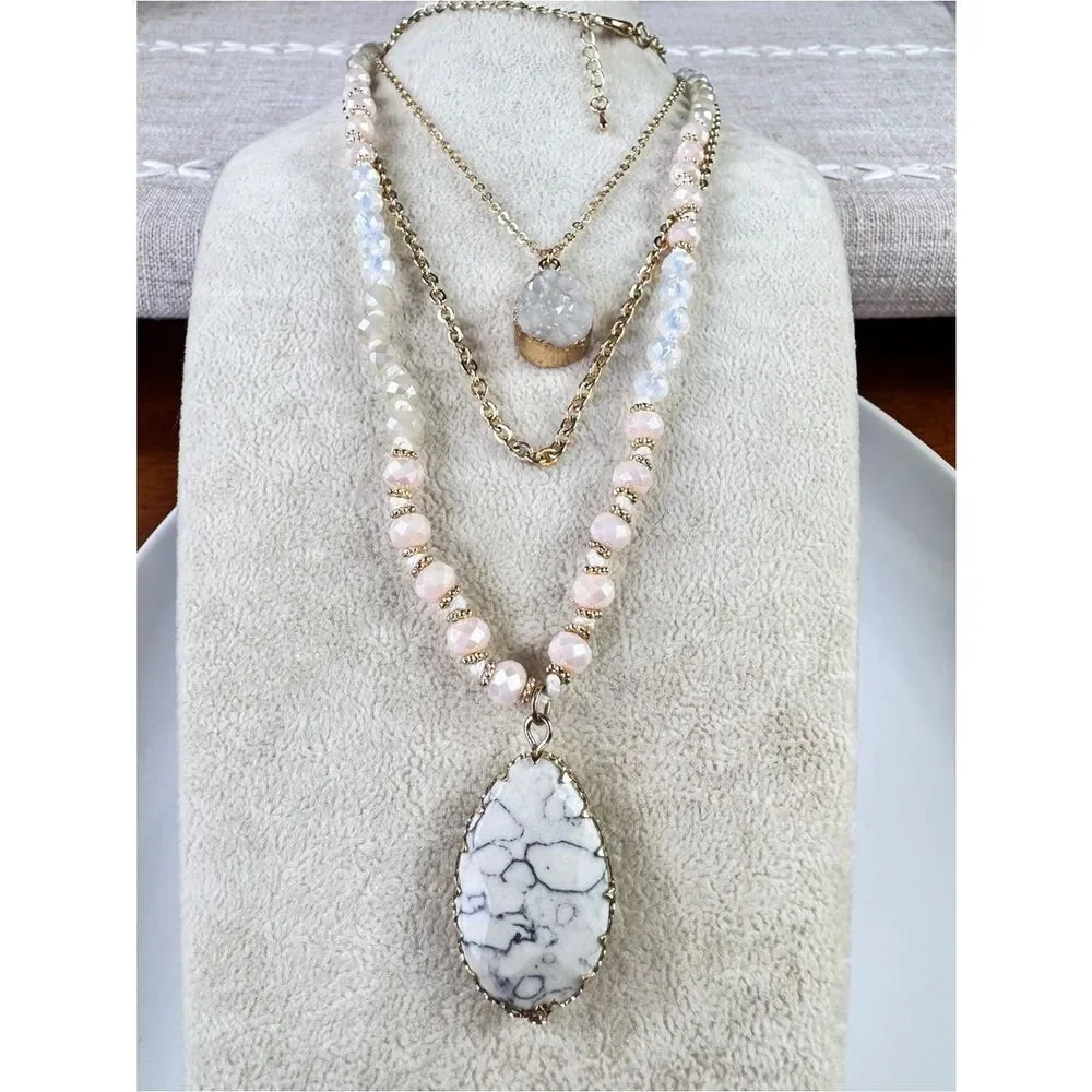 Gold-Tone Layered Necklace with Pink Beads and White Marbled Teardrop Pendant
